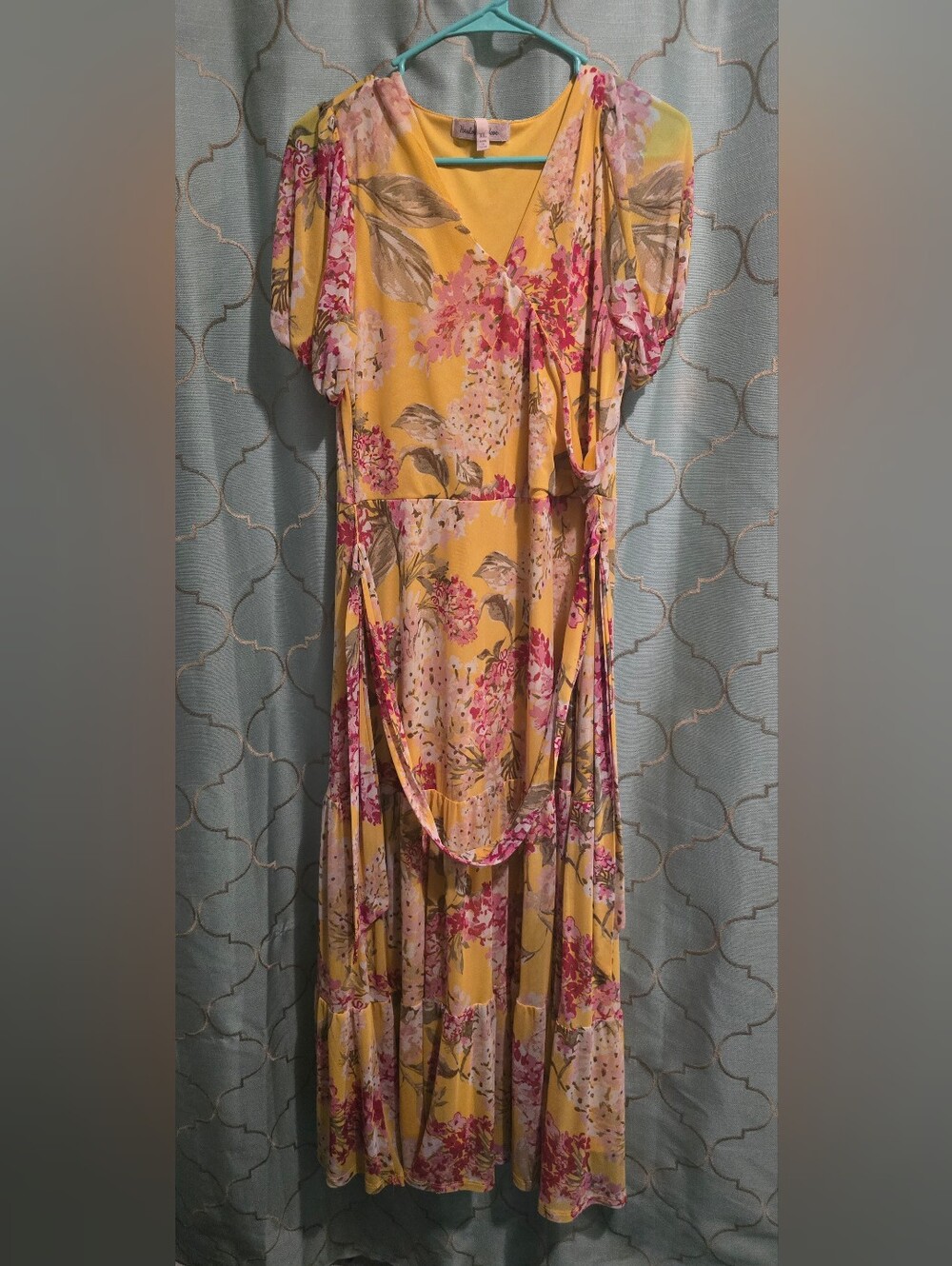 Harlow & Rose Women's XL Yellow Pink Green Floral Dress Cuff Sleeves V Neck Belt